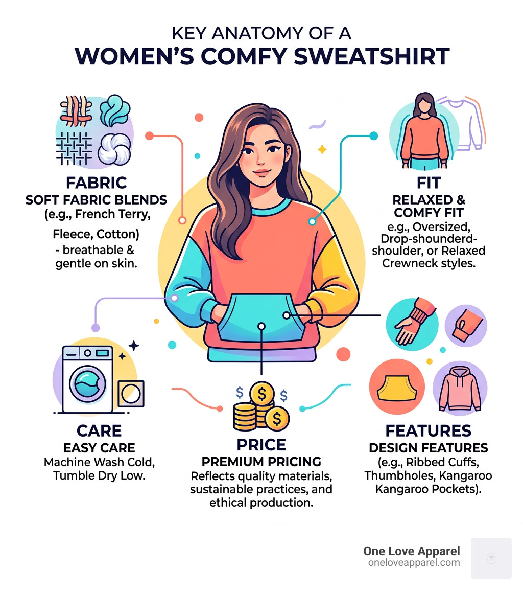 Infographic showing key anatomy of a premium women's comfy sweatshirt: fabric, fit, features, price, and care - women's