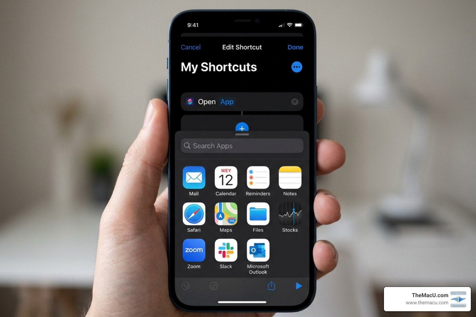 The Shortcuts app interface showing the Open App action being configured - change app icon iphone