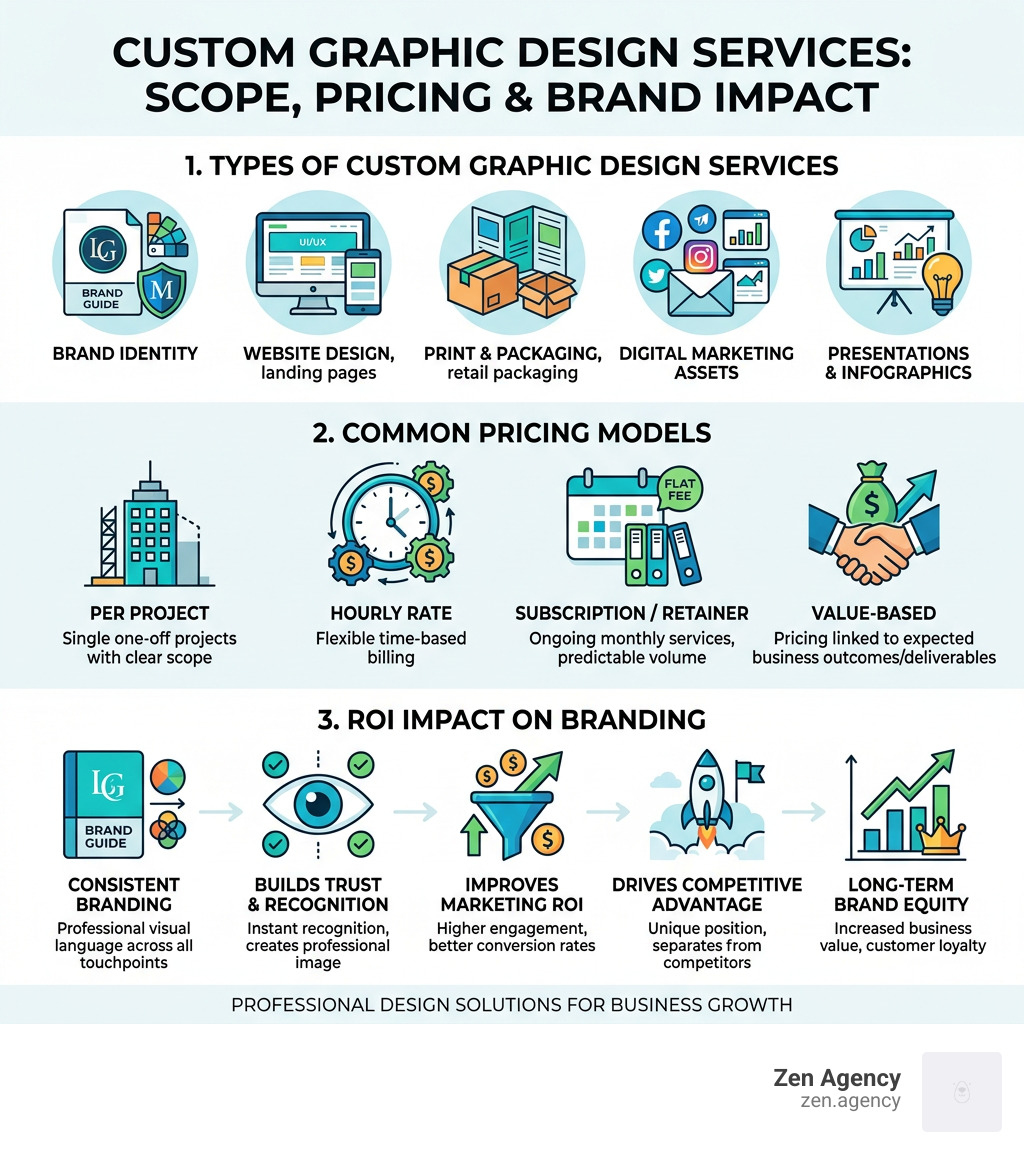 Infographic showing types of custom graphic design services, pricing models, and ROI impact on branding - custom graphic Infographic showing types of custom graphic design services, pricing models, and ROI impact on branding - custom graphic