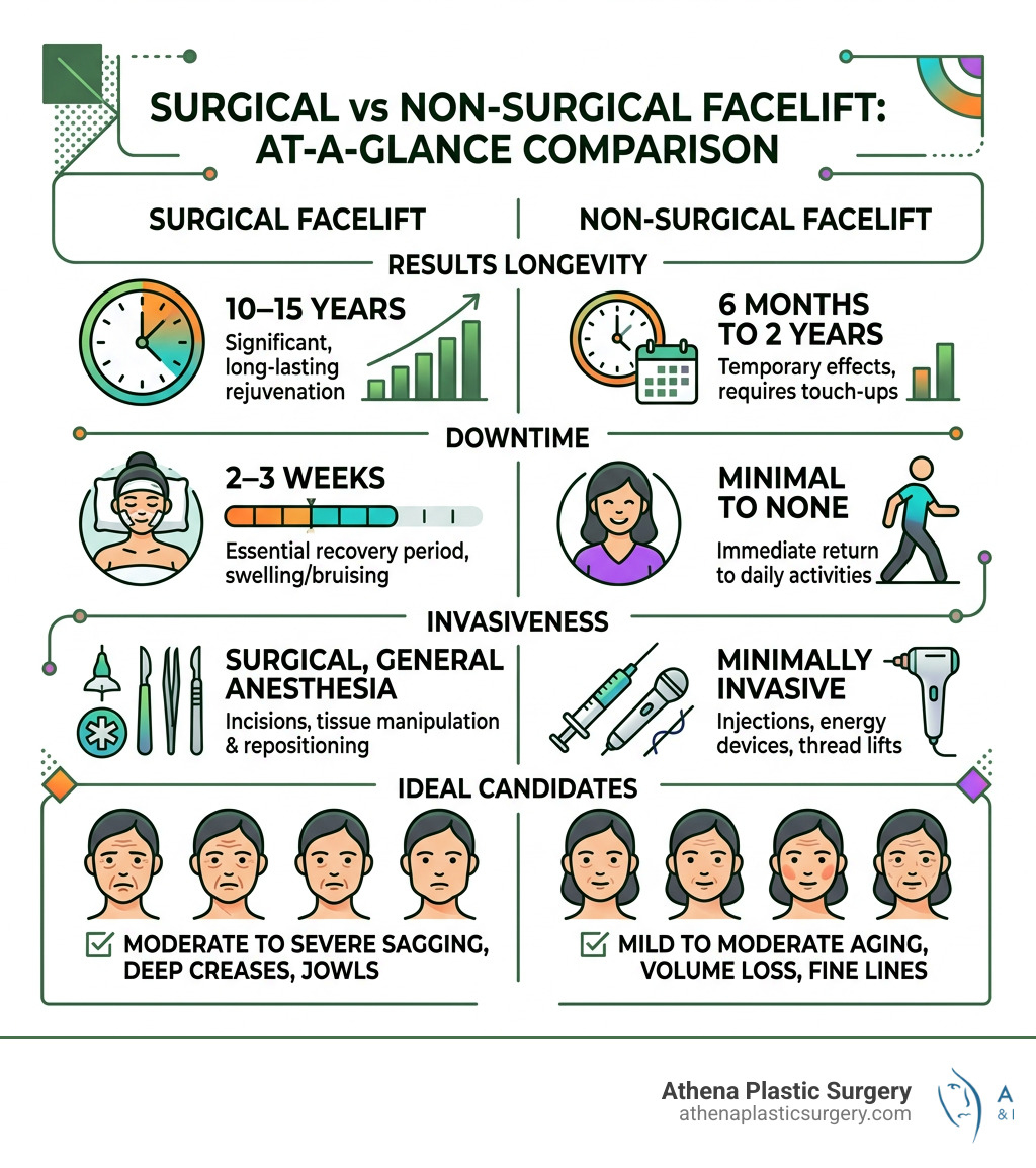 Infographic comparing surgical vs non-surgical facelift: results longevity, downtime, invasiveness, ideal candidates