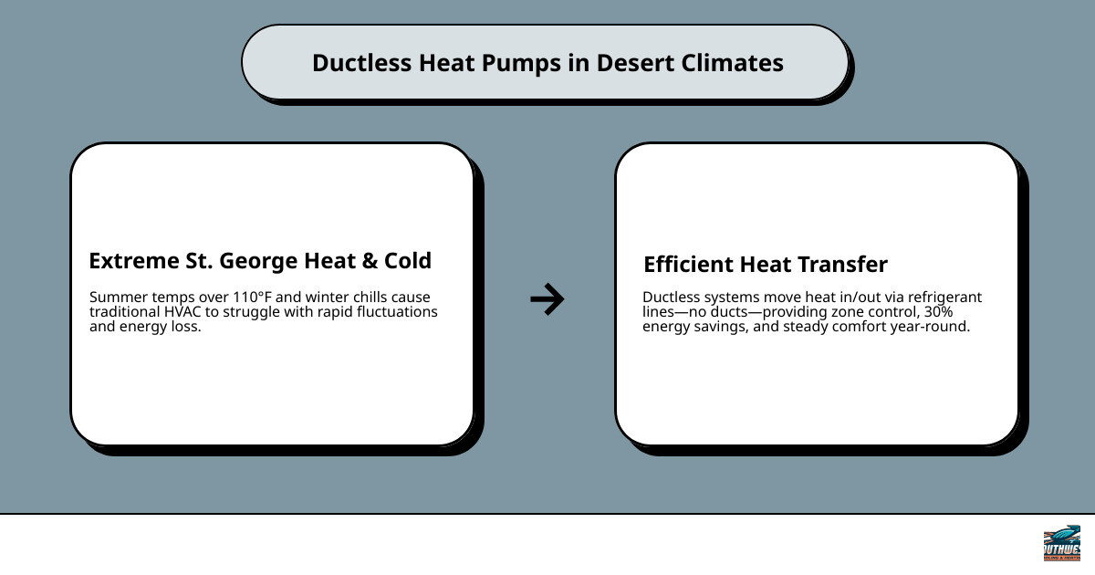 Infographic showing how a ductless heat pump transfers heat in summer and winter for St. George homes - ductless heat pump