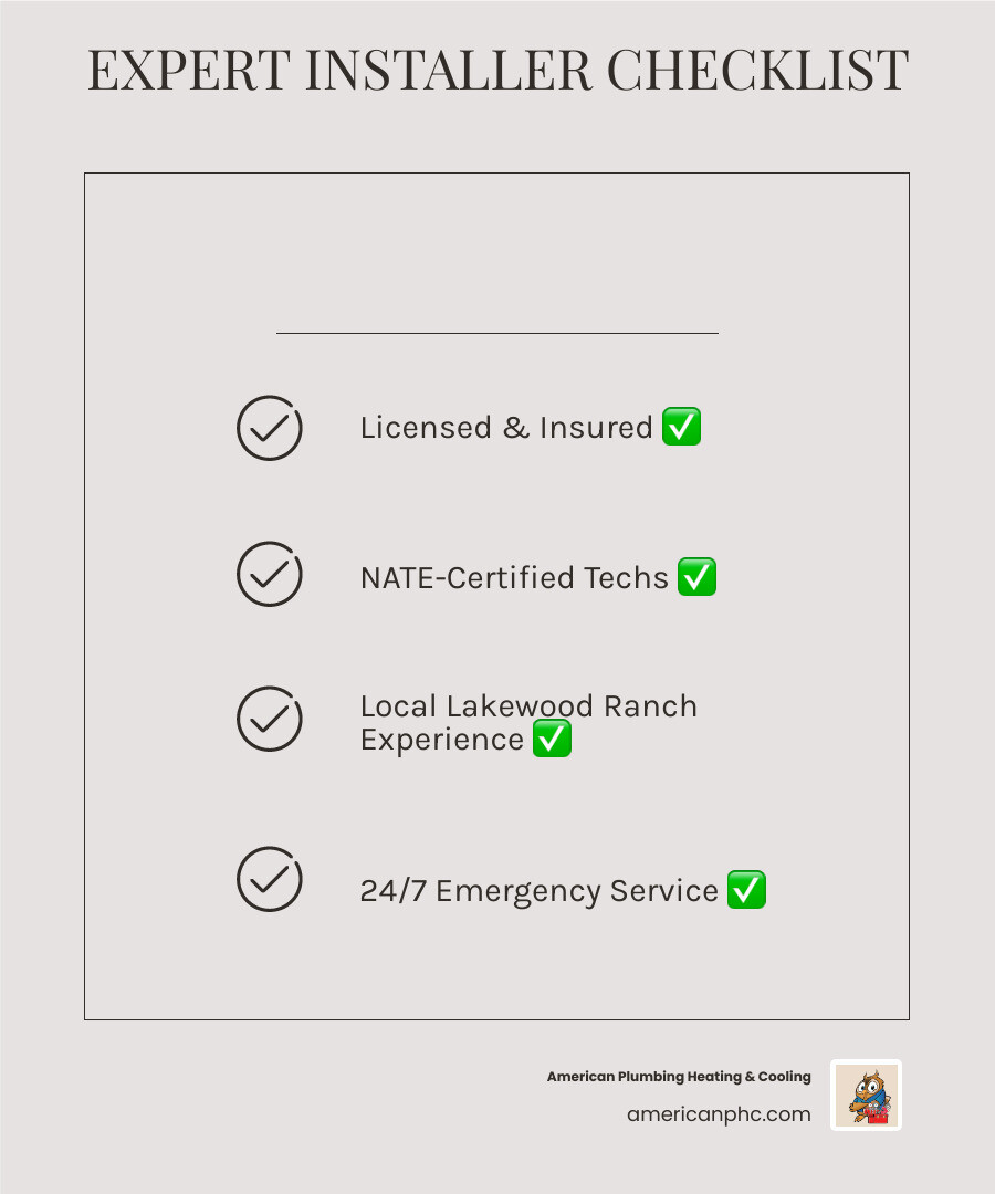 Infographic showing top criteria for choosing the best AC installation company near Lakewood Ranch FL - best ac installation