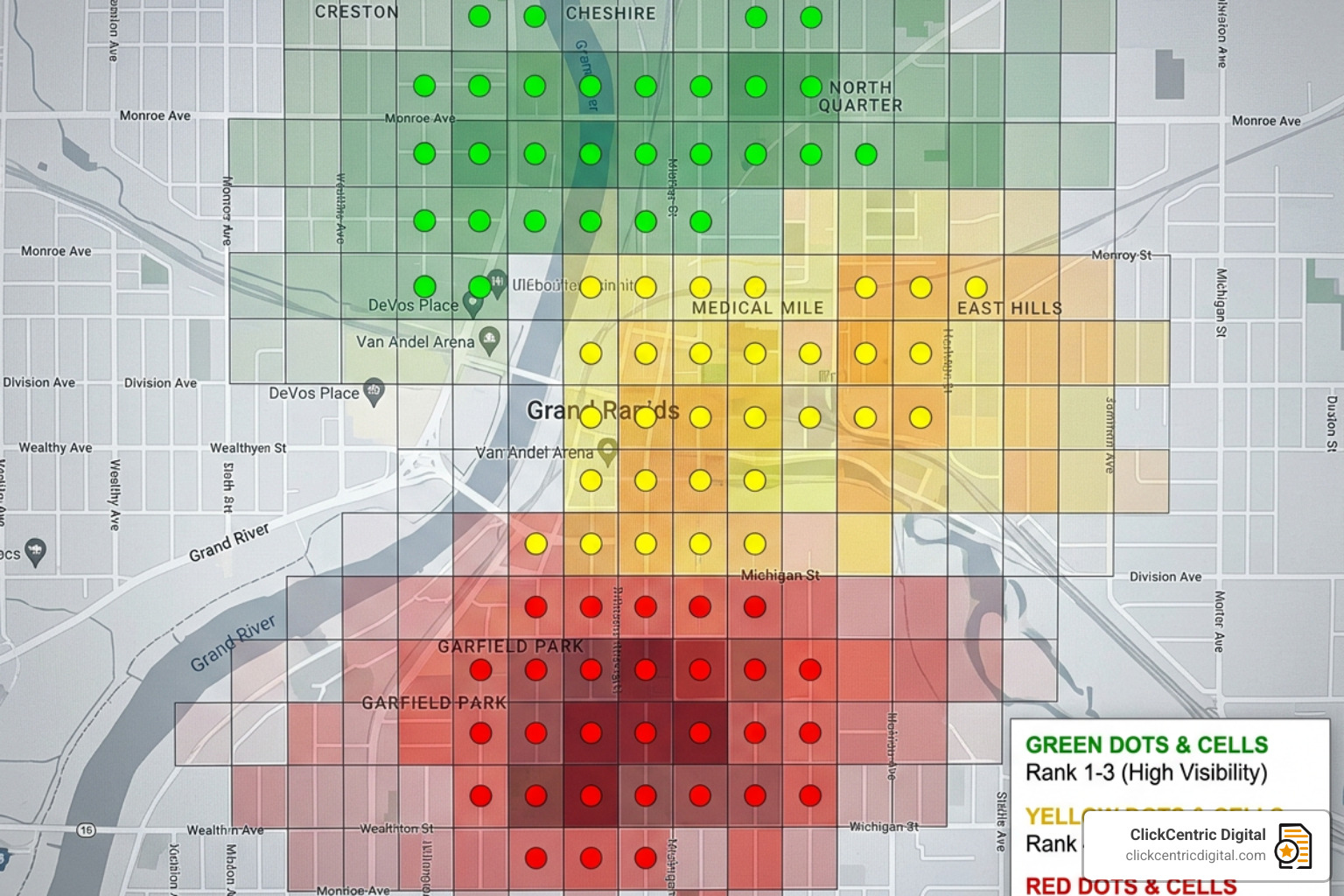 IMAGE of color-coded grid points showing a business ranking well in some areas and poorly in others - local map ranking