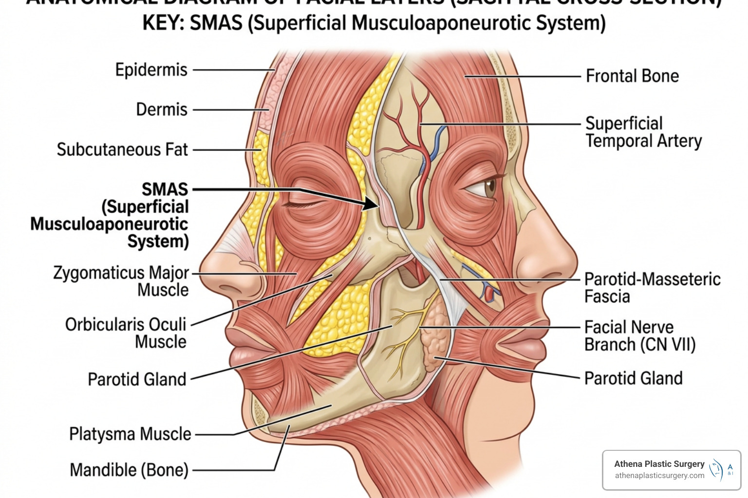 Diagram of facial anatomy showing the SMAS layer and deep tissue structures - surgical vs non-surgical facelift