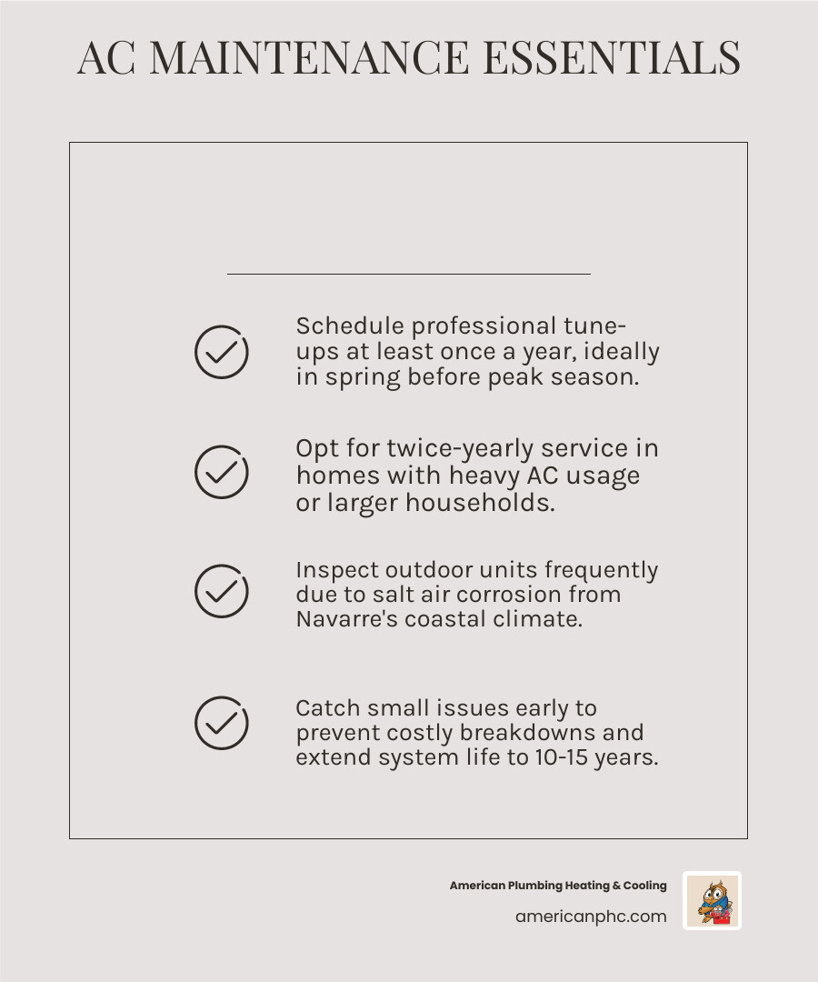 Infographic showing core benefits of routine AC maintenance in Navarre FL coastal climate - ac maintenance in navarre, fl Infographic showing core benefits of routine AC maintenance in Navarre FL coastal climate - ac maintenance in navarre, fl