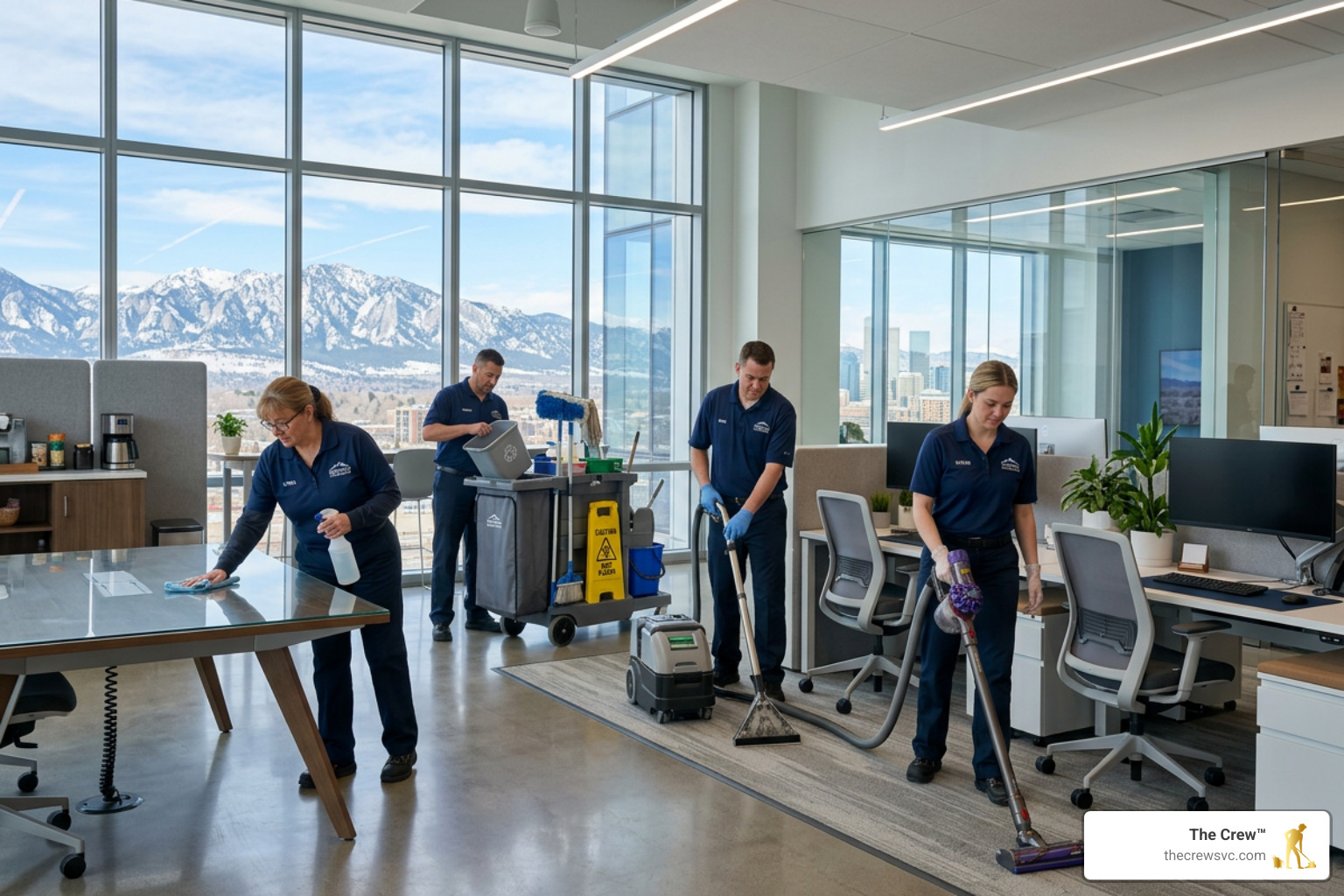 a professional janitorial team cleaning a modern denver office - commercial cleaning services denver