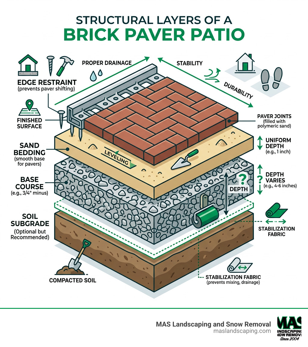 Infographic showing structural layers of a brick paver patio from soil to finished surface - brick paver patio infographic 