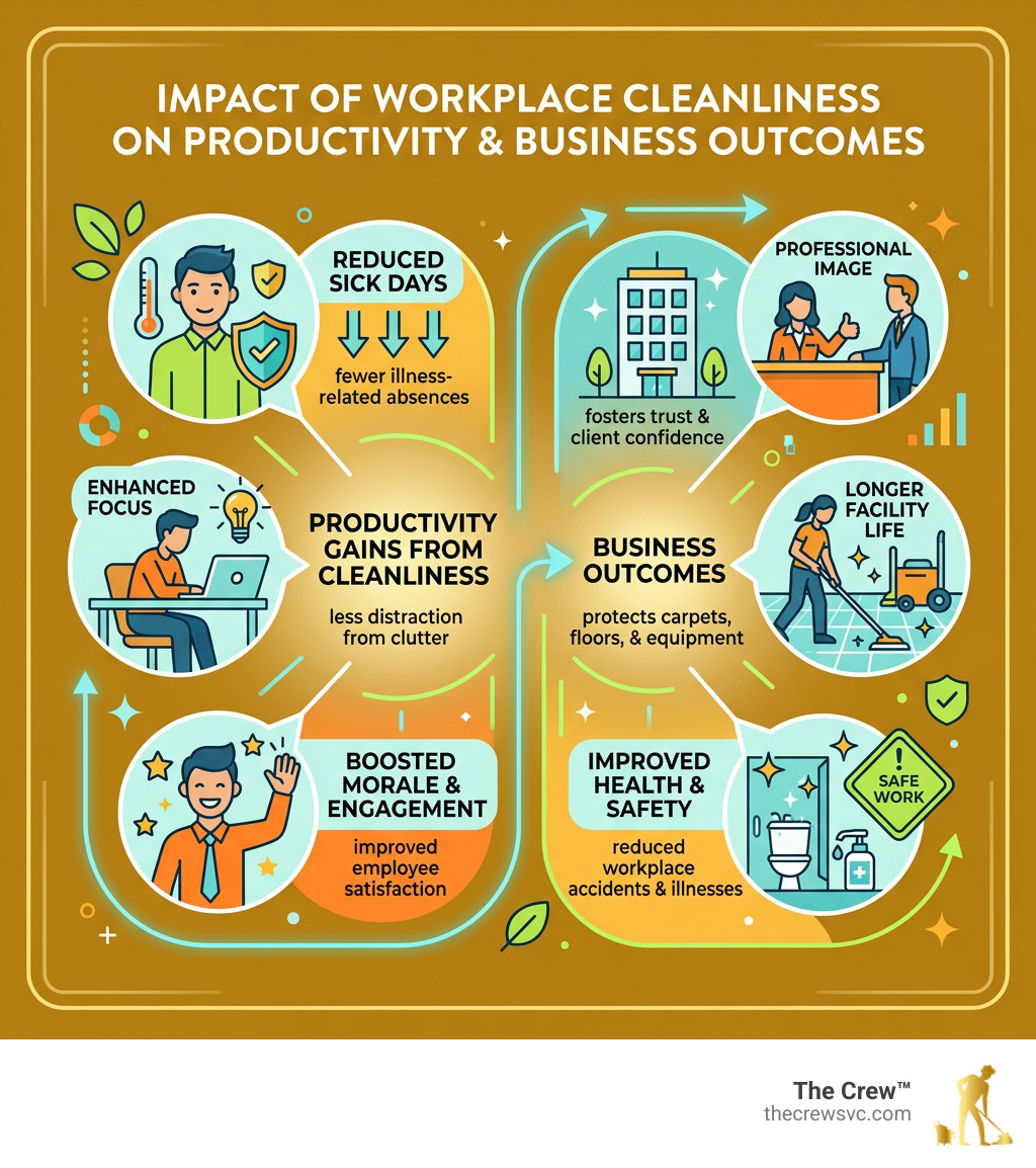 infographic showing impact of workplace cleanliness on employee productivity and business outcomes - commercial cleaning