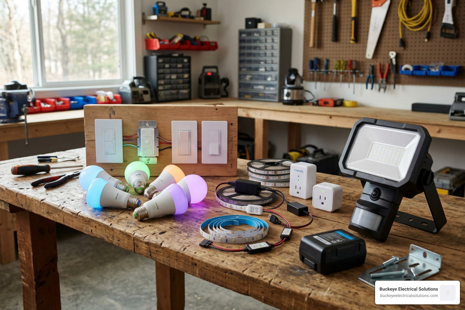 Various smart lighting hardware including smart bulbs, switches, and LED strips - smart light installation