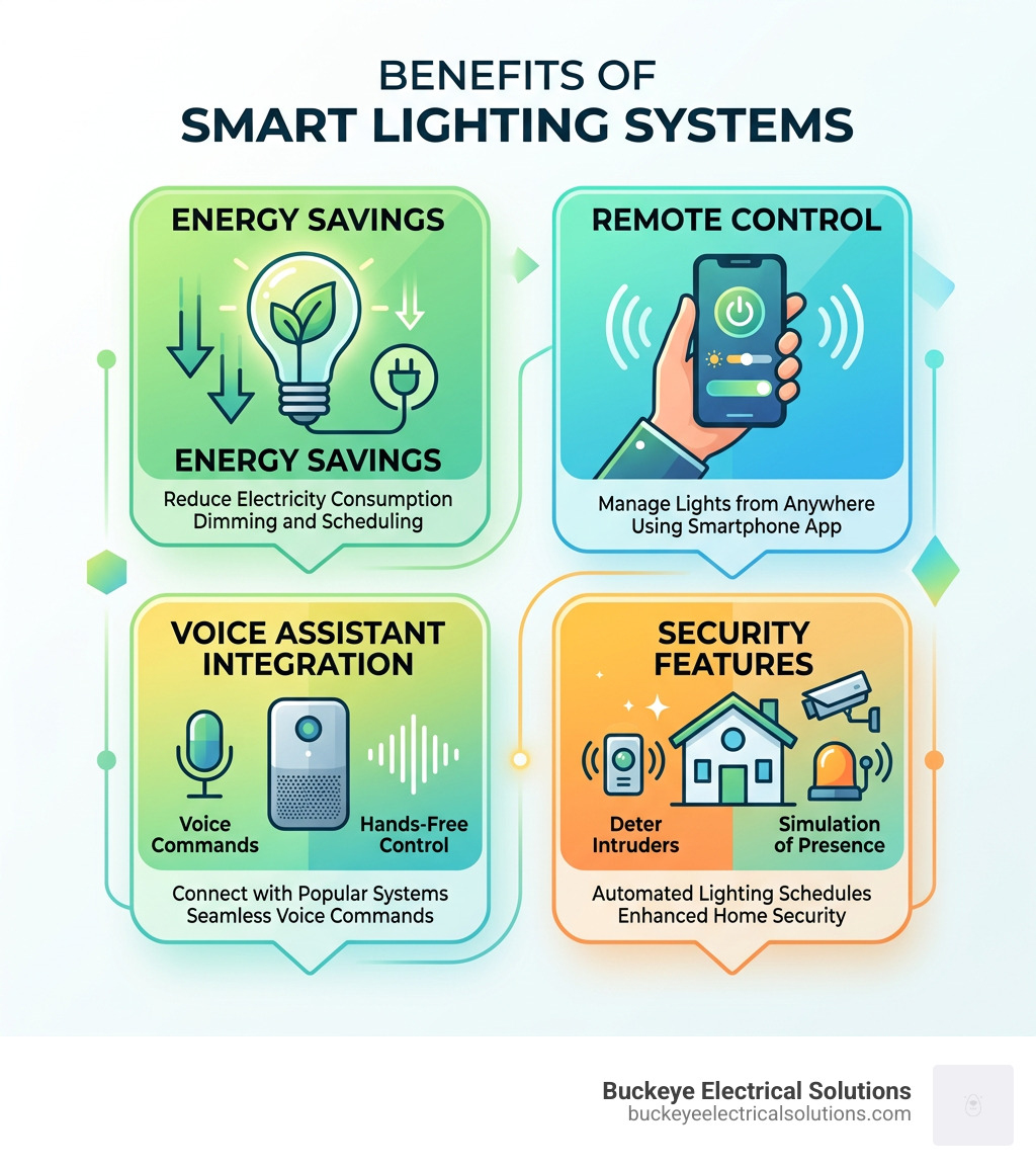 Benefits of smart lighting systems infographic showing energy savings, remote control, voice assistant integration, and