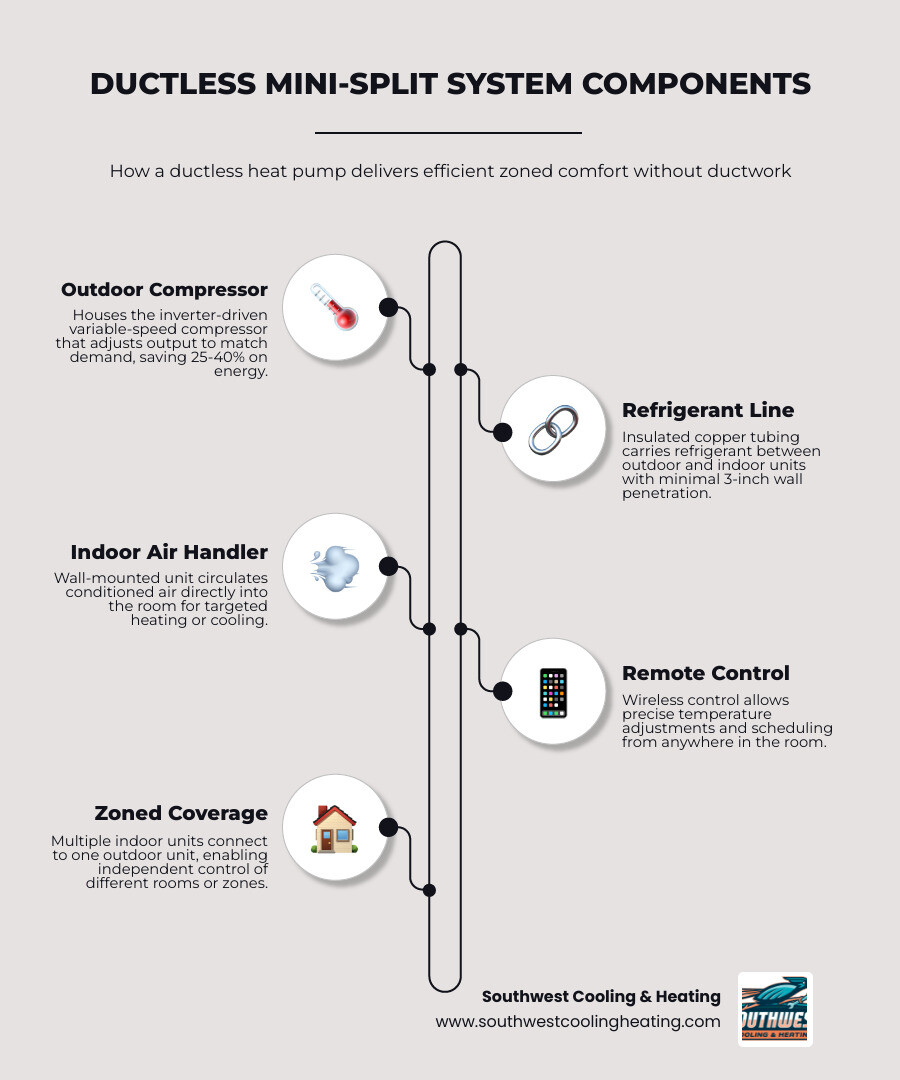 Infographic showing ductless mini-split system components: outdoor compressor, refrigerant line, indoor air handler, remote