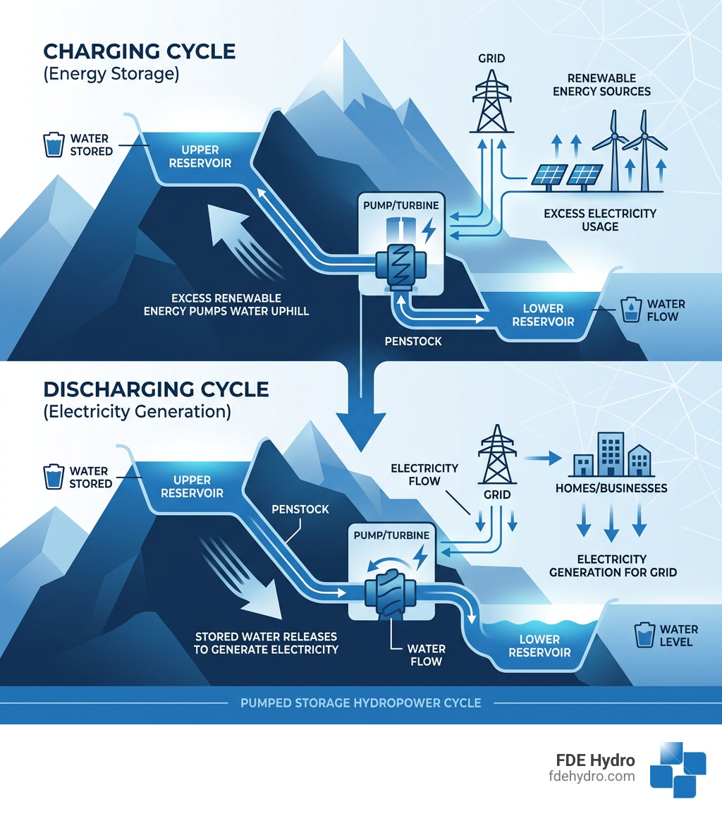 Infographic showing PSH charging and discharging cycle with upper and lower reservoir - Pumped Storage Hydropower Infographic showing PSH charging and discharging cycle with upper and lower reservoir - Pumped Storage Hydropower