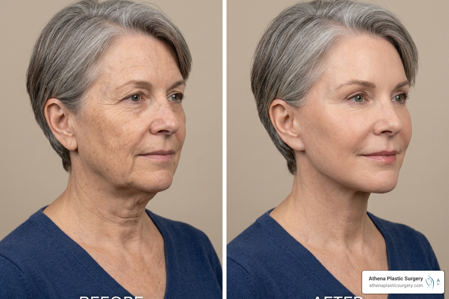 Before and after facial rejuvenation results showing improved jawline and skin texture - facelift after menopause Before and after facial rejuvenation results showing improved jawline and skin texture - facelift after menopause