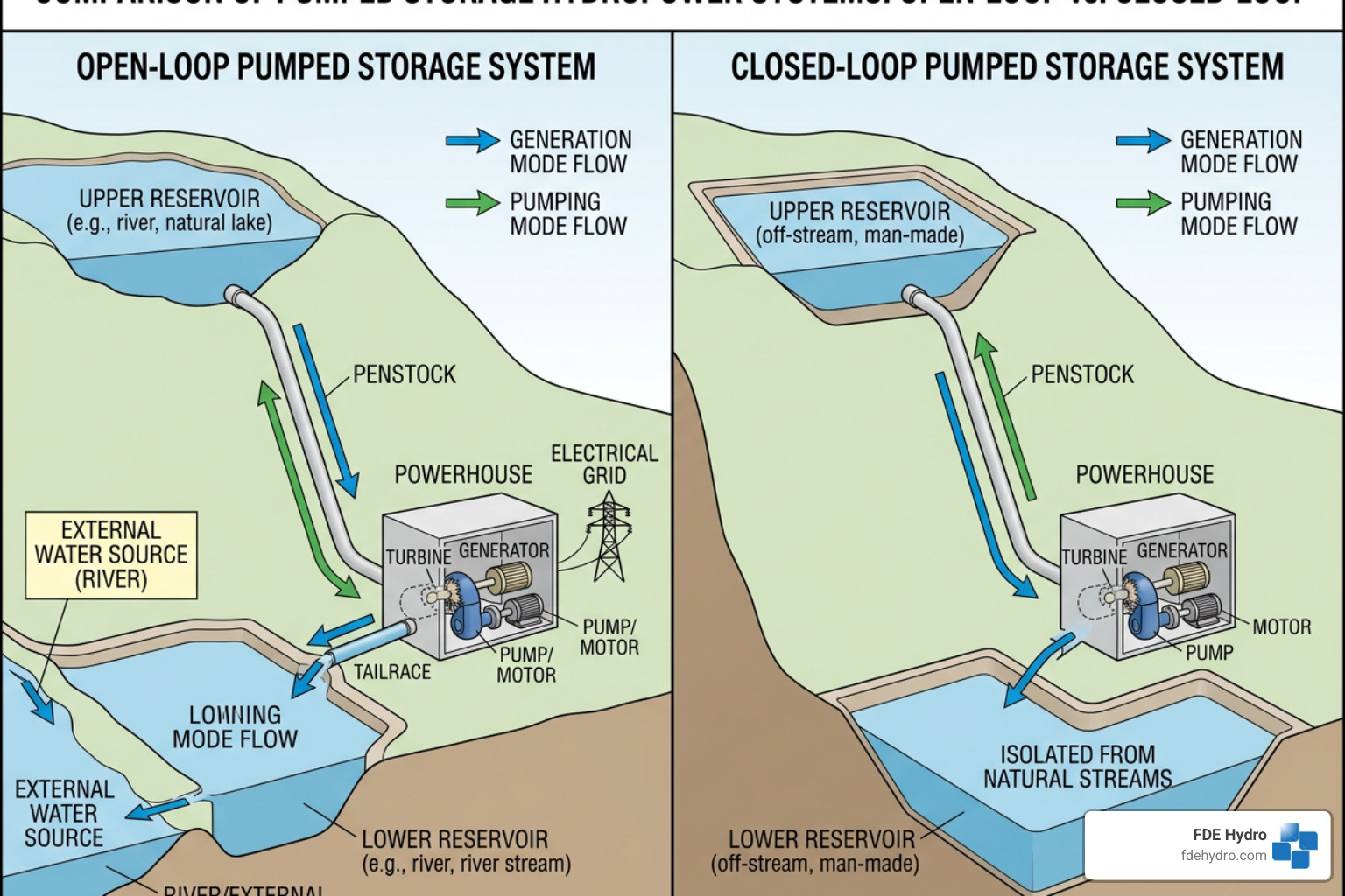 Diagram illustrating open vs. closed loop pumped storage - Pumped Storage Hydropower Diagram illustrating open vs. closed loop pumped storage - Pumped Storage Hydropower