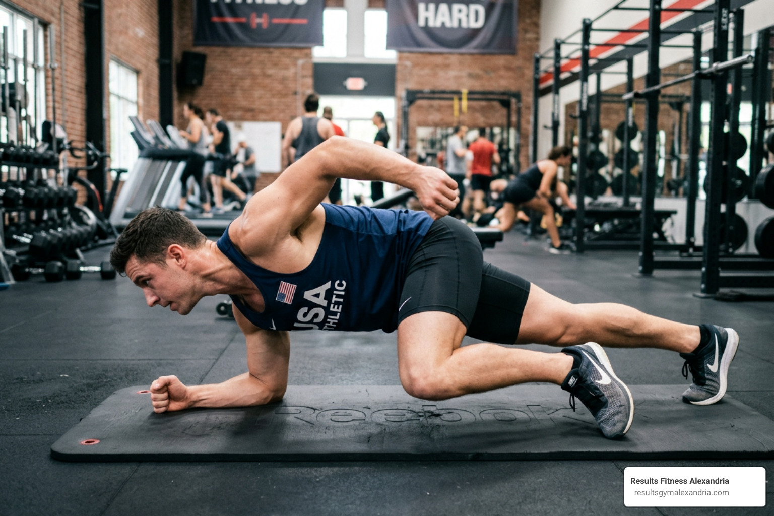 athlete performing a dynamic plank movement focusing on core stability - core strength class