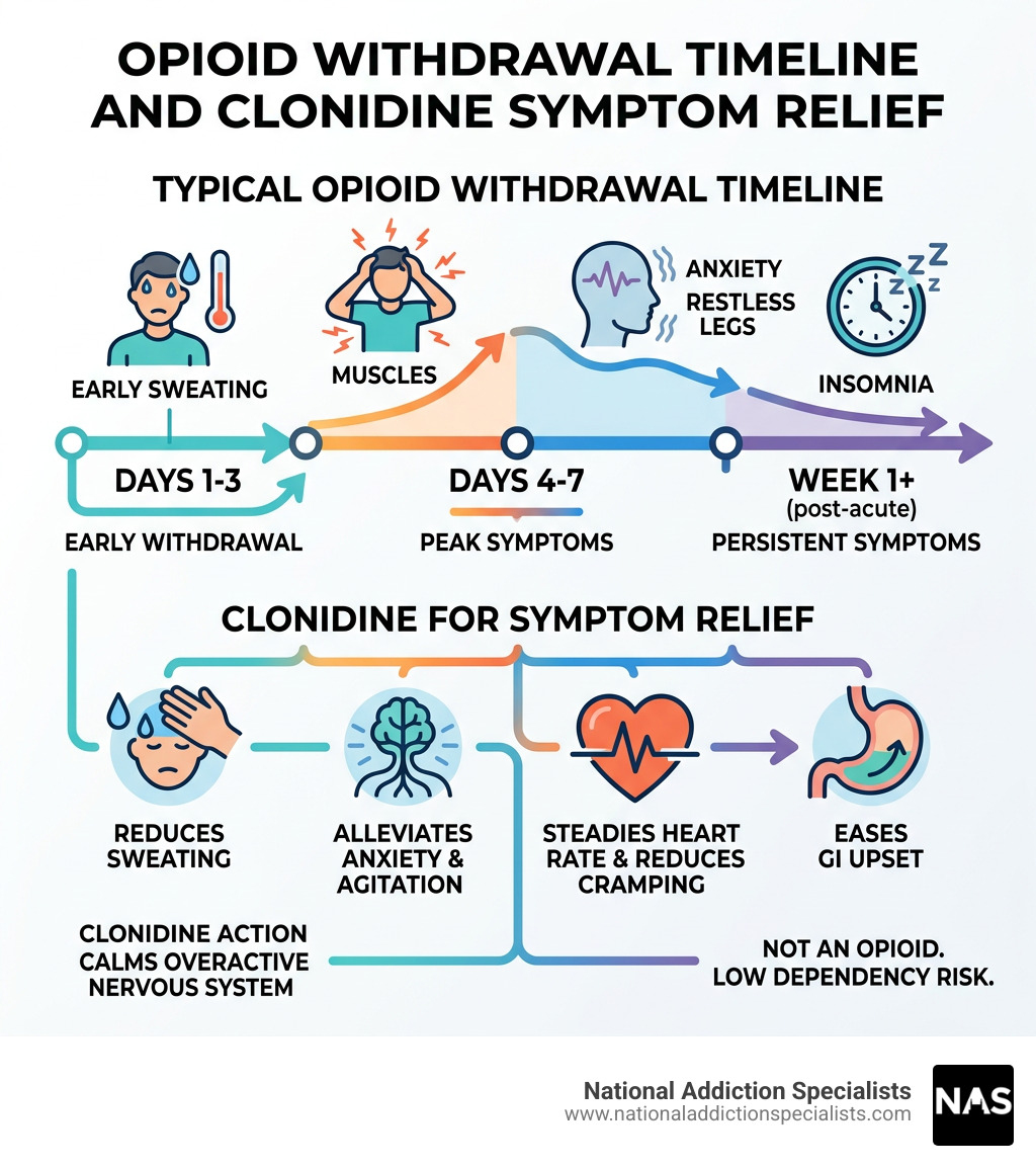 Opioid withdrawal timeline and clonidine symptom relief infographic - clonidine for opiate withdrawal infographic 