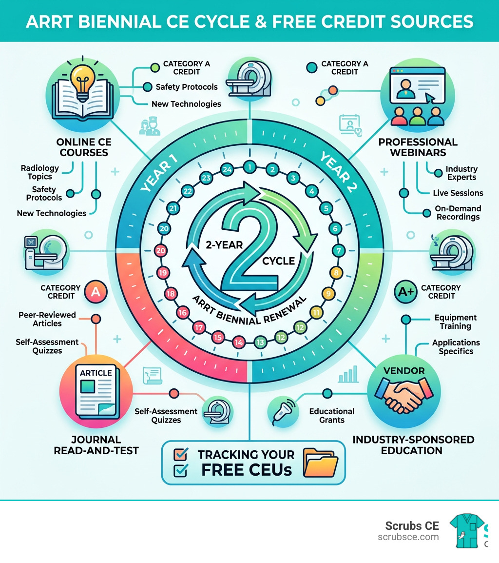 Infographic showing ARRT biennial CE cycle with free credit sources for Radiology professionals - arrt ceus free infographic Infographic showing ARRT biennial CE cycle with free credit sources for Radiology professionals - arrt ceus free infographic