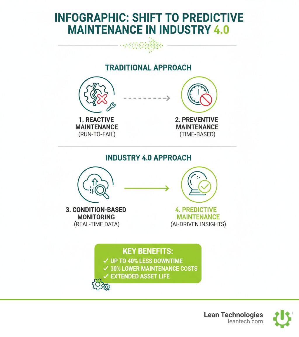 Infographic: shift from reactive to predictive maintenance in Industry 4.0, showing four stages and key benefits - industry