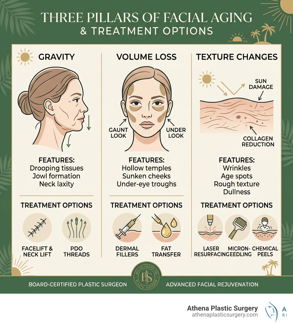 Infographic showing the three pillars of facial aging: gravity, volume loss, and texture changes with treatment options