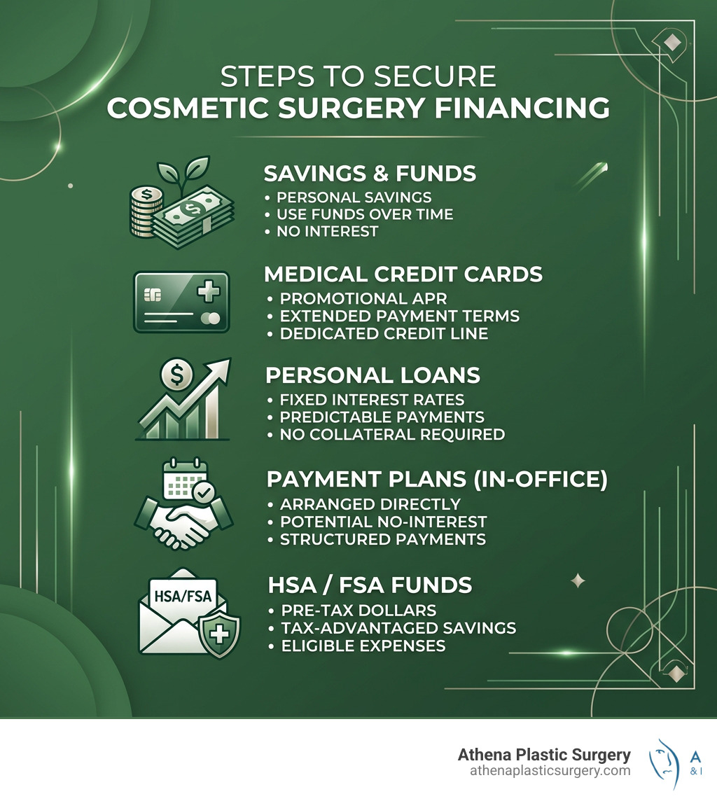 Steps to secure cosmetic surgery financing: savings, medical credit cards, personal loans, payment plans, HSA/FSA - how to