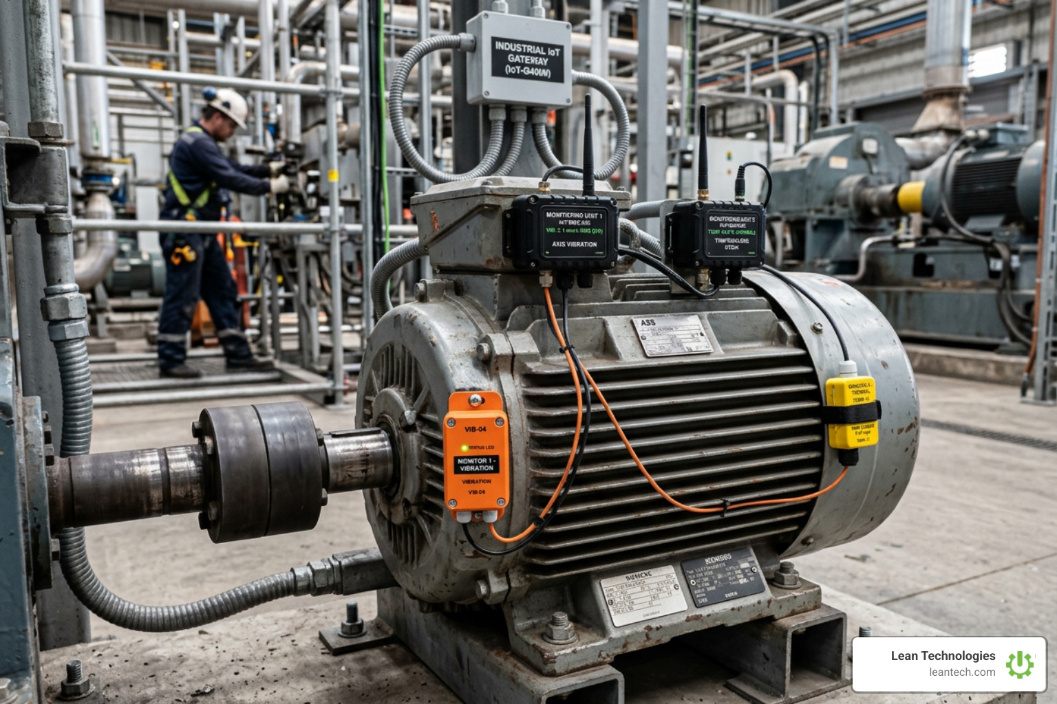 IoT sensors installed on industrial motor for vibration and thermal monitoring - industry 4.0 maintenance