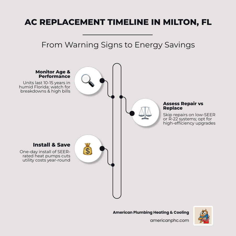 Infographic showing AC system lifecycle, warning signs, replacement timeline, and energy savings for Florida homeowners - ac