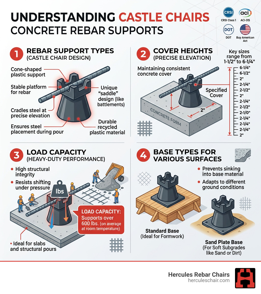 Infographic showing rebar support types, cover heights, load capacity, and base types for castle chairs concrete - castle Infographic showing rebar support types, cover heights, load capacity, and base types for castle chairs concrete - castle