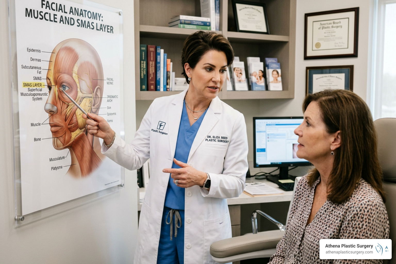 Surgeon explaining facial anatomy and the SMAS layer - best facelift palm beach gardens Surgeon explaining facial anatomy and the SMAS layer - best facelift palm beach gardens