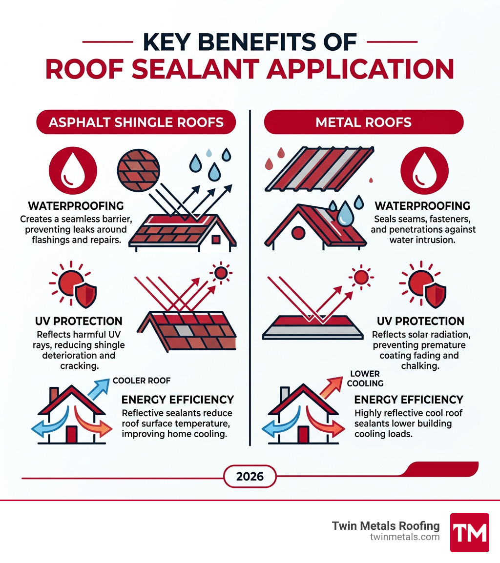 Infographic showing roof sealant application benefits for asphalt and metal roofs including waterproofing, UV protection Infographic showing roof sealant application benefits for asphalt and metal roofs including waterproofing, UV protection