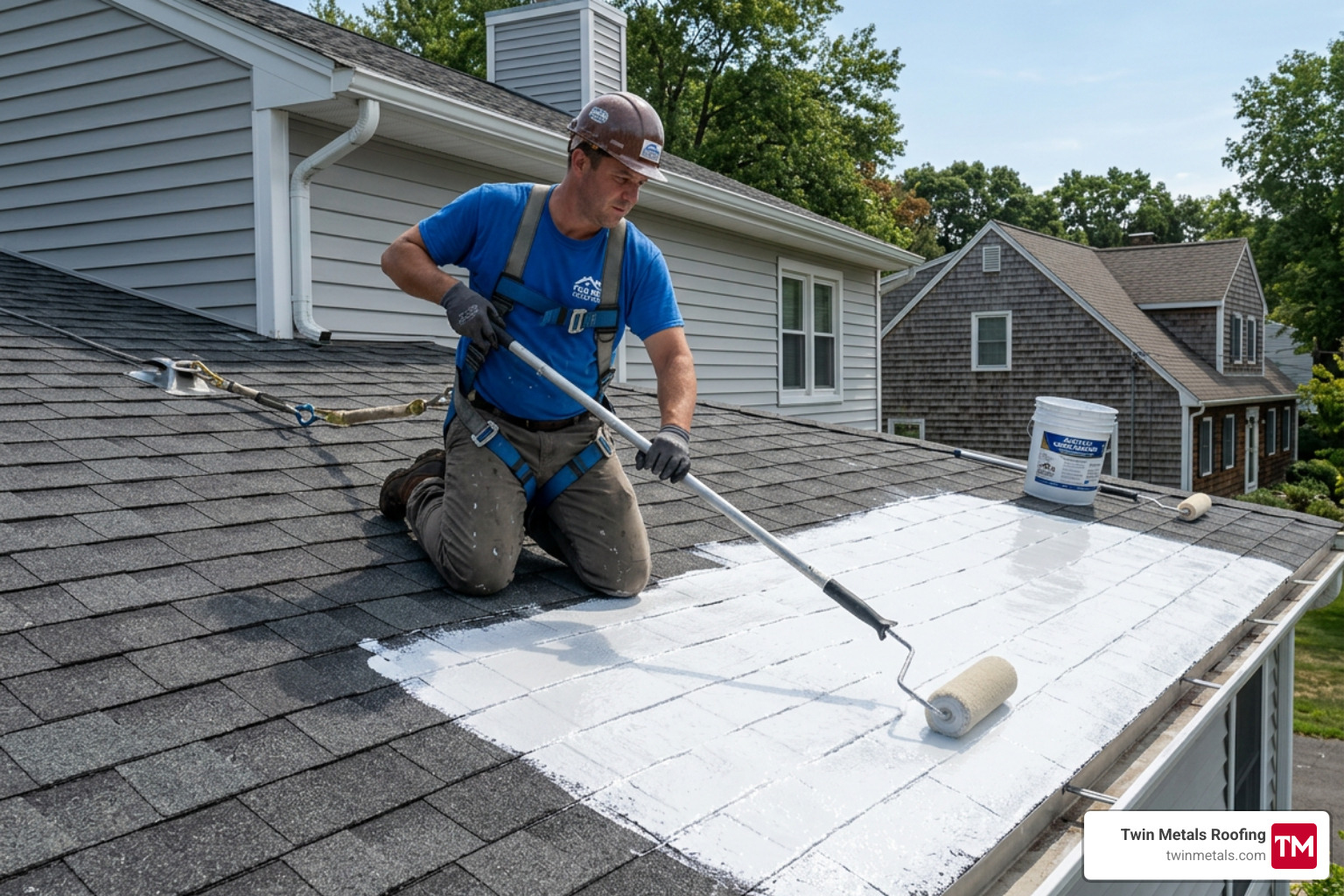 A waterproof barrier being applied to a roof surface - roof sealant application A waterproof barrier being applied to a roof surface - roof sealant application