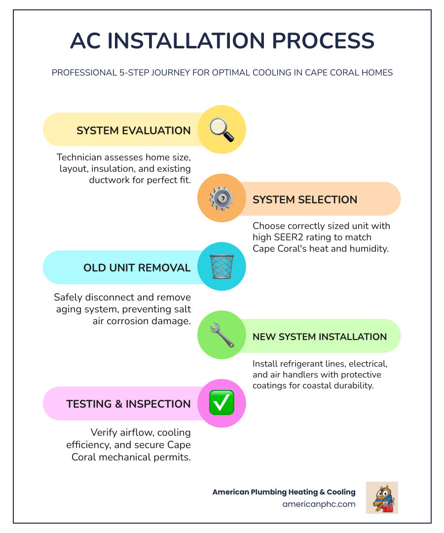 Infographic showing the lifecycle of a professional AC installation in Cape Coral from assessment to completion - ac