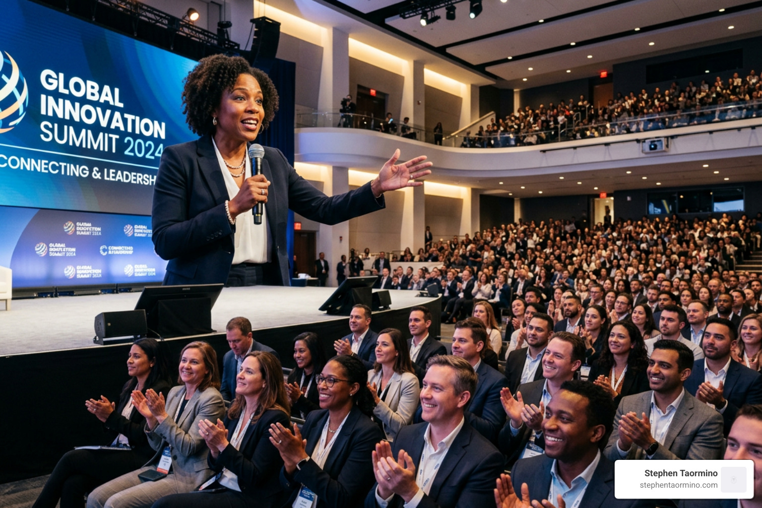 speaker connecting with a large corporate audience - future of marketing speaker