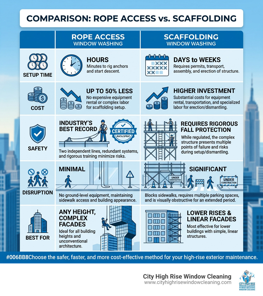 Infographic comparing rope access window washing vs. scaffolding: setup time, cost, safety, and disruption - rope access Infographic comparing rope access window washing vs. scaffolding: setup time, cost, safety, and disruption - rope access