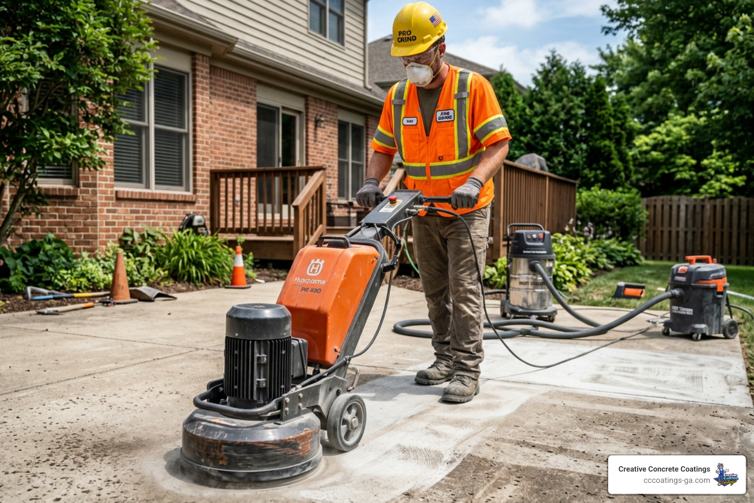technician using a professional floor grinder to prep a concrete slab - patio concrete stain technician using a professional floor grinder to prep a concrete slab - patio concrete stain