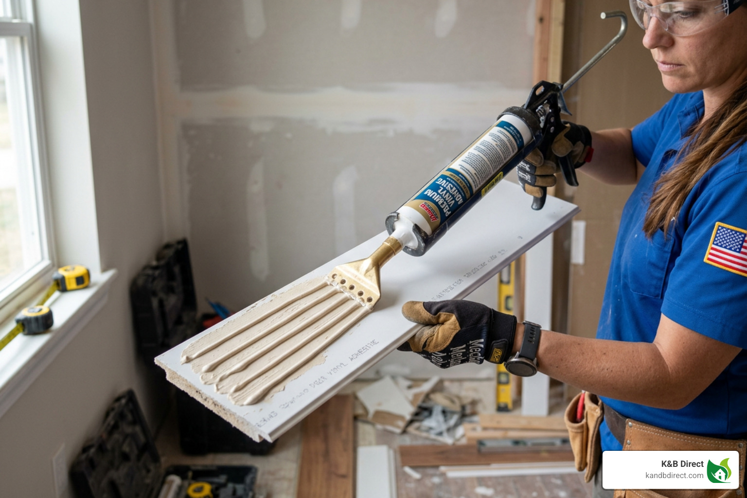 Adhesive application using a multi-hole nozzle on the back of a 6 inch vinyl baseboard - 6 vinyl baseboard