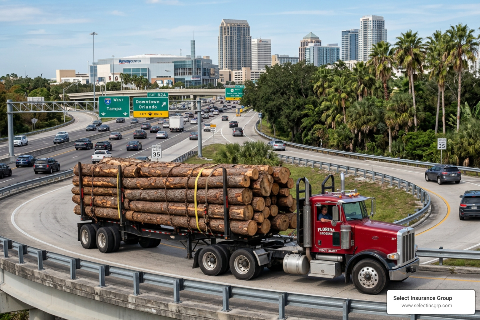 fully loaded logging truck navigating a tight turn in Orlando - logging truck insurance orlando