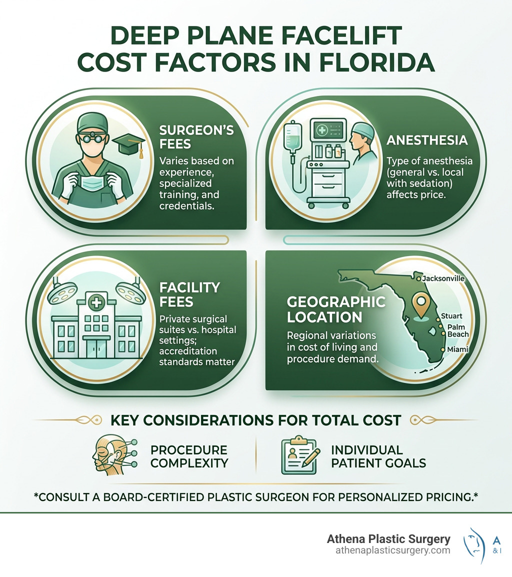 Infographic comparing deep plane facelift cost factors in Florida including surgeon fees, anesthesia, facility, and location Infographic comparing deep plane facelift cost factors in Florida including surgeon fees, anesthesia, facility, and location
