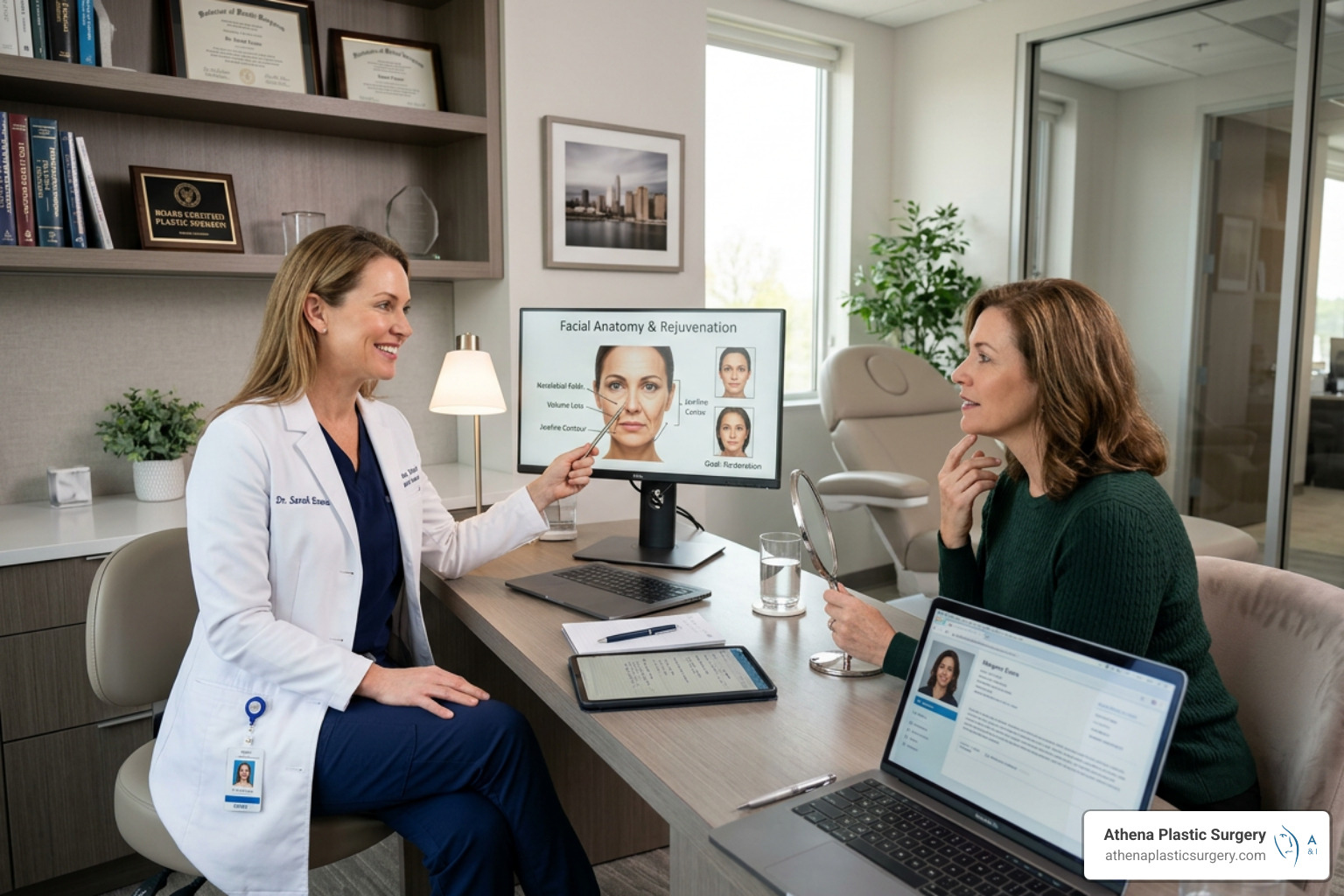 A plastic surgeon and patient discussing facial rejuvenation goals during a consultation - deep plane facelift cost florida A plastic surgeon and patient discussing facial rejuvenation goals during a consultation - deep plane facelift cost florida