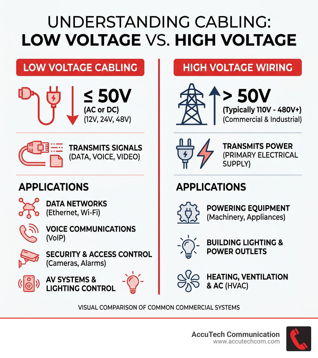 infographic comparing low voltage cabling vs high voltage wiring systems with voltage ranges and applications - Low voltage