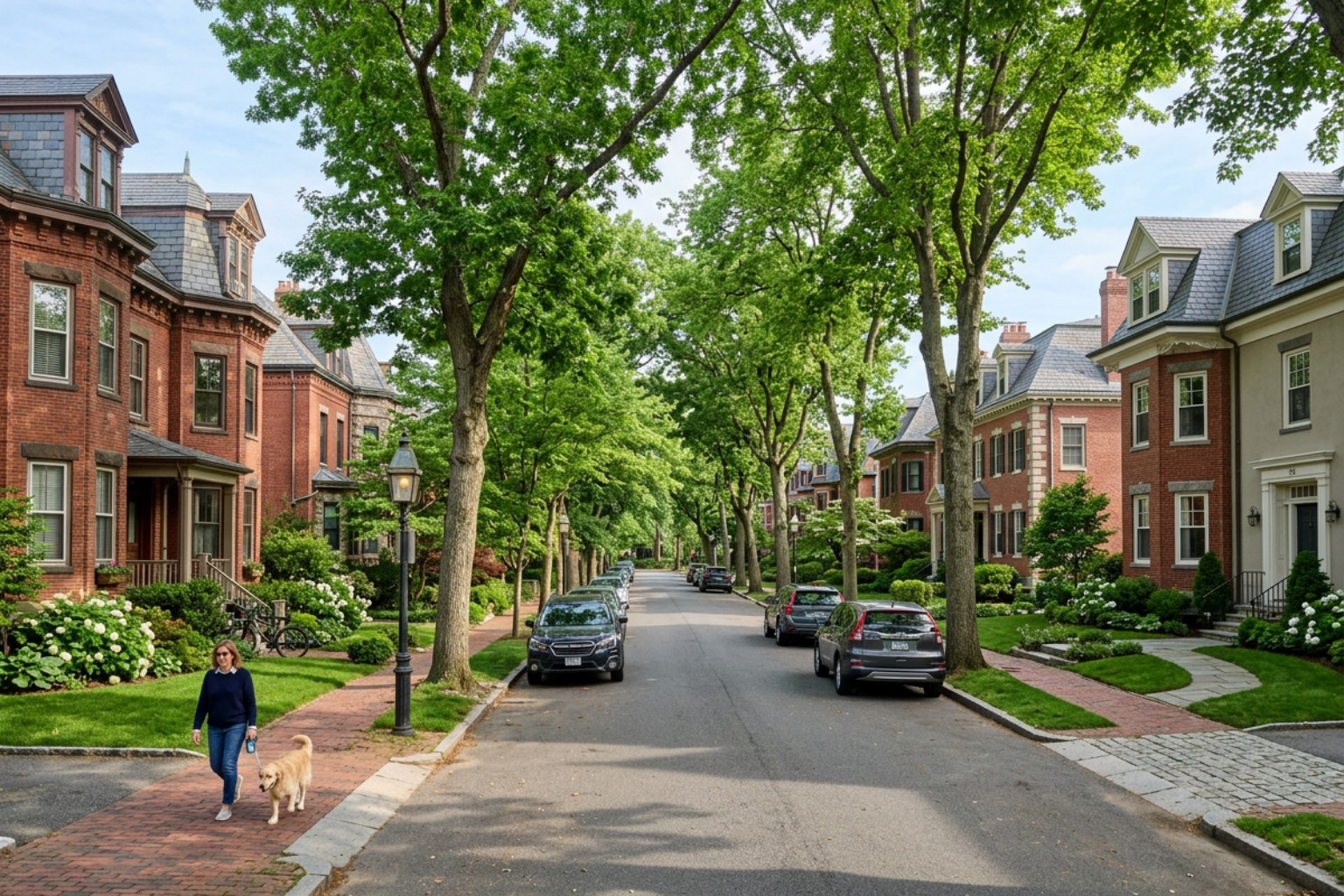 A quiet residential street in Brookline showing historic brick buildings and mature trees - short-term faculty housing near