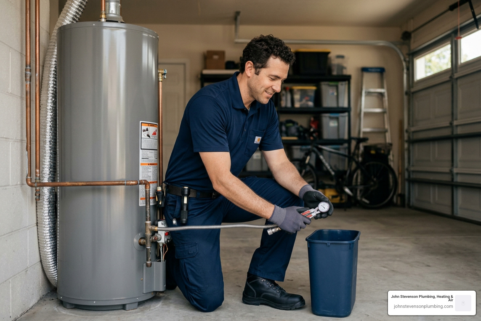 A professional technician in a clean uniform carefully inspecting a water heater in a home garage setting - best water
