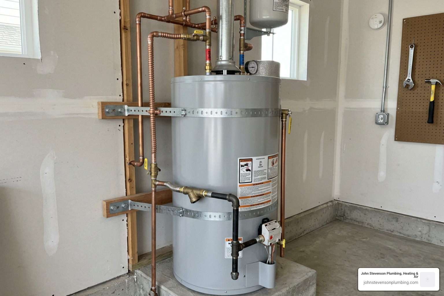 Close-up of a properly installed water heater showing seismic straps and copper piping connections - best water heater