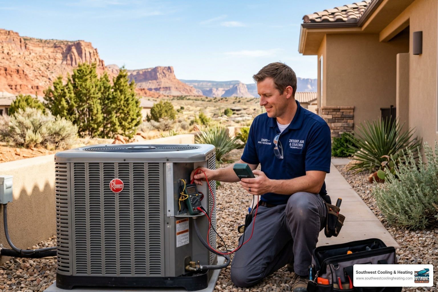 Technician inspecting an outdoor AC condenser unit in Toquerville UT - ac maintenance in toquerville ut Technician inspecting an outdoor AC condenser unit in Toquerville UT - ac maintenance in toquerville ut