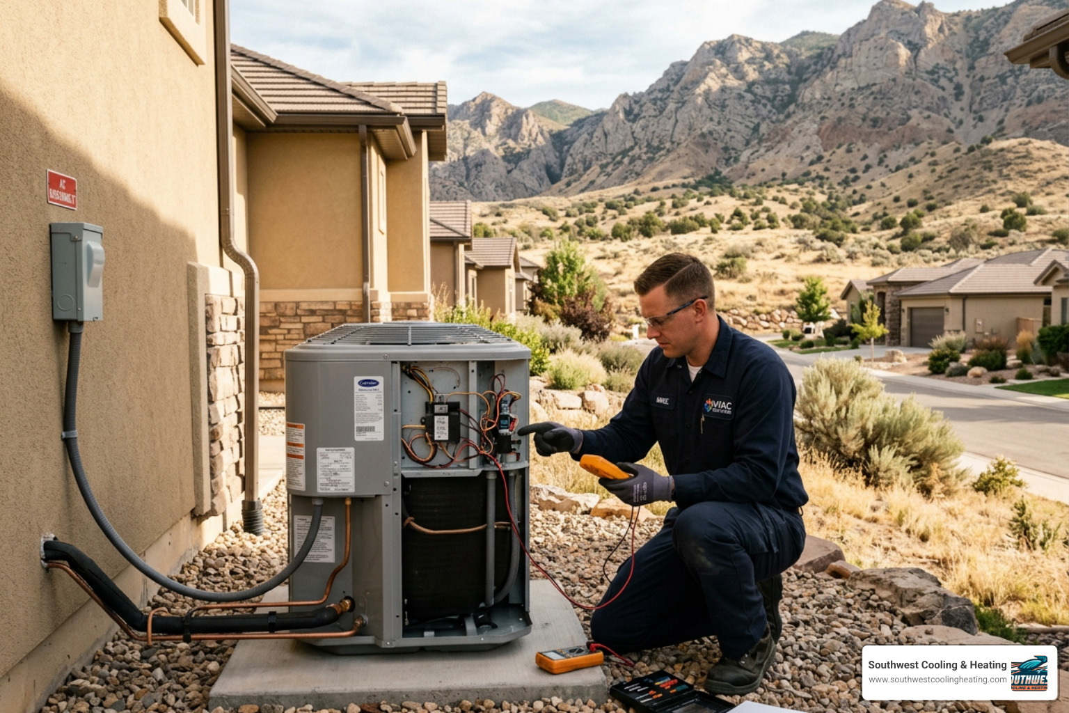 A technician in a clean uniform carefully inspecting an outdoor AC unit in Hidden Valley - ac repair in hidden valley ut