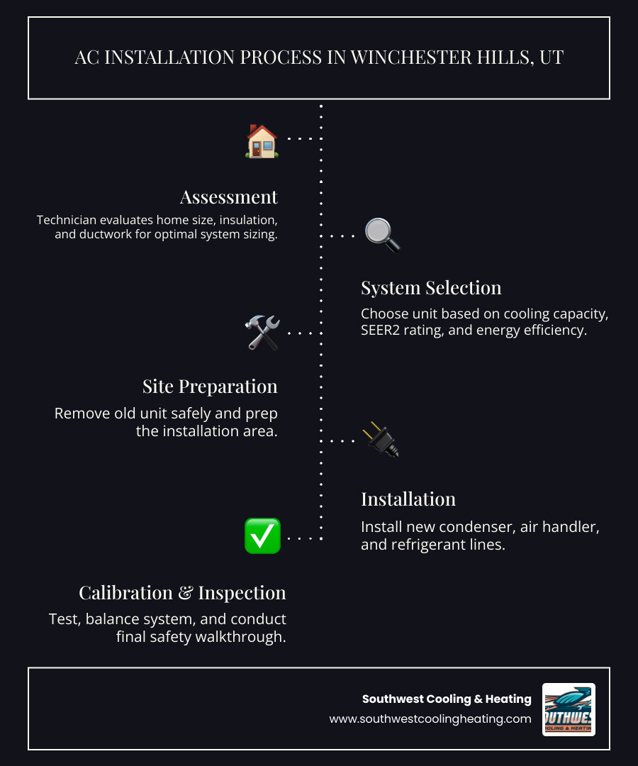 Step-by-step AC installation process infographic for Winchester Hills UT homeowners - ac installation in winchester hills ut