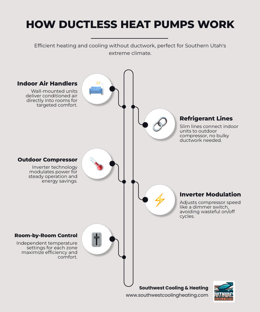 Infographic showing how ductless heat pumps work in Southern Utah homes with key benefits listed - ductless heat pump Infographic showing how ductless heat pumps work in Southern Utah homes with key benefits listed - ductless heat pump