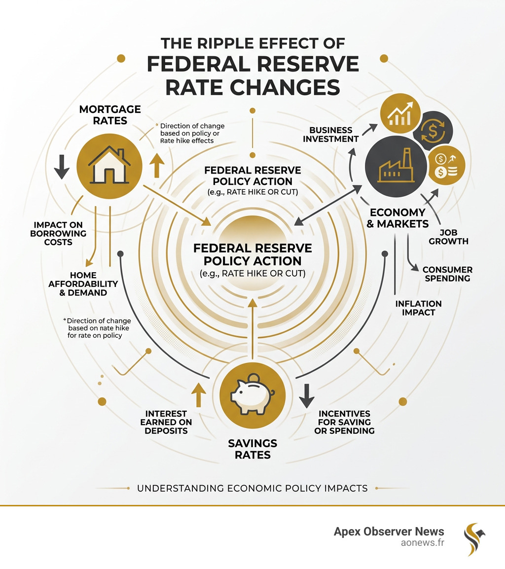 Infographic showing ripple effect of Federal Reserve rate changes on mortgages, savings, and economy - Federal Reserve