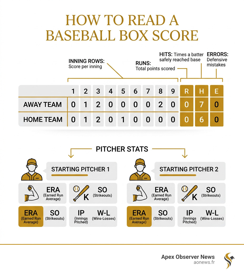 Infographic showing how to read a baseball box score including R H E columns, inning rows, and pitcher stats - major league