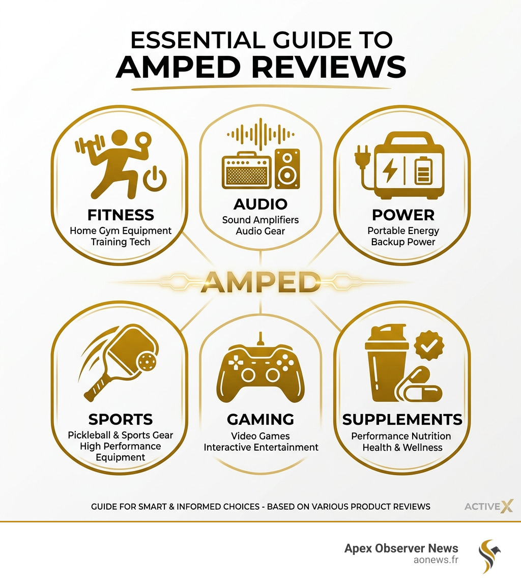 Amped product categories infographic: fitness, audio, power, sports, gaming, supplements - amped reviews infographic 