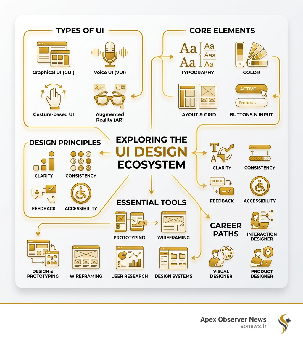 UI design ecosystem infographic showing types, core elements, principles, tools, and career paths - user interface design